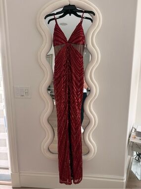 Red Sequined Mesh Evening Maxi Dress
